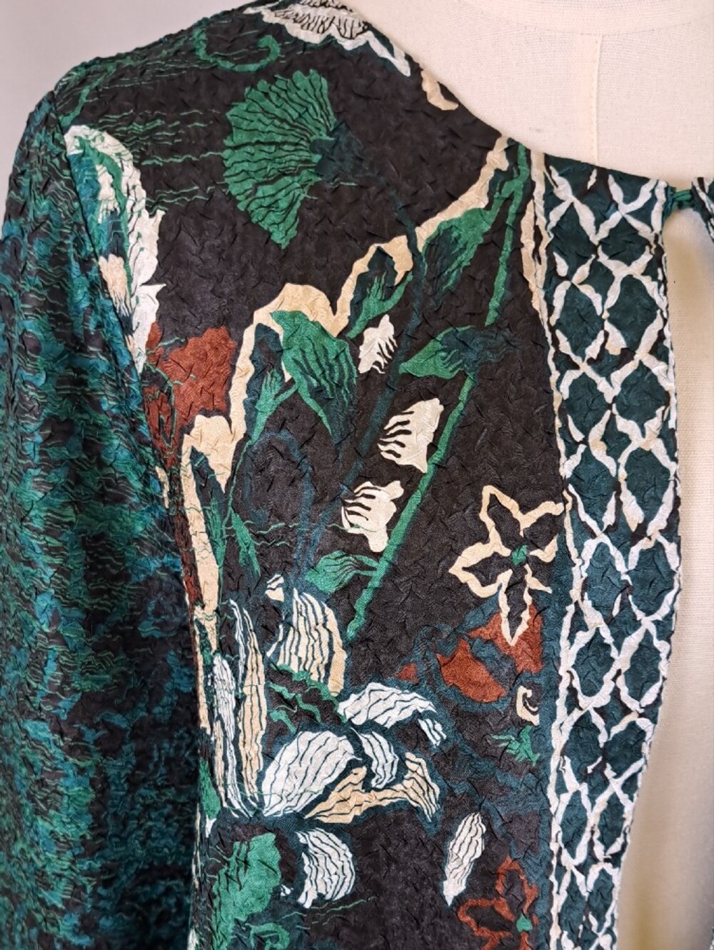 Funky Teal Lightweight Floral Tapestry Crinkle Knit Duster Coat Artsy Boho Sz L - Picture 6 of 12